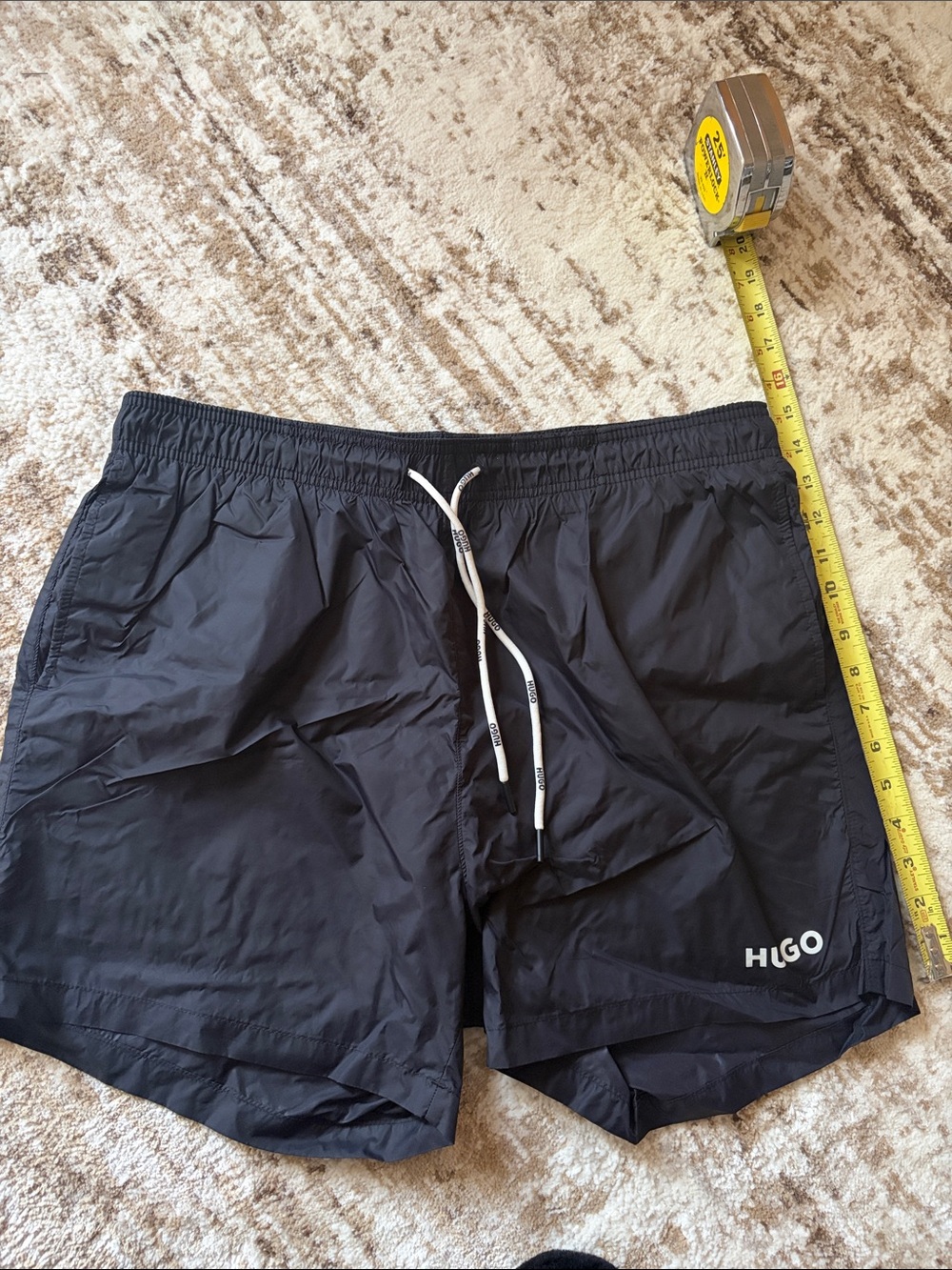 HUGO Black Men's Swim Trunks with White Drawstring